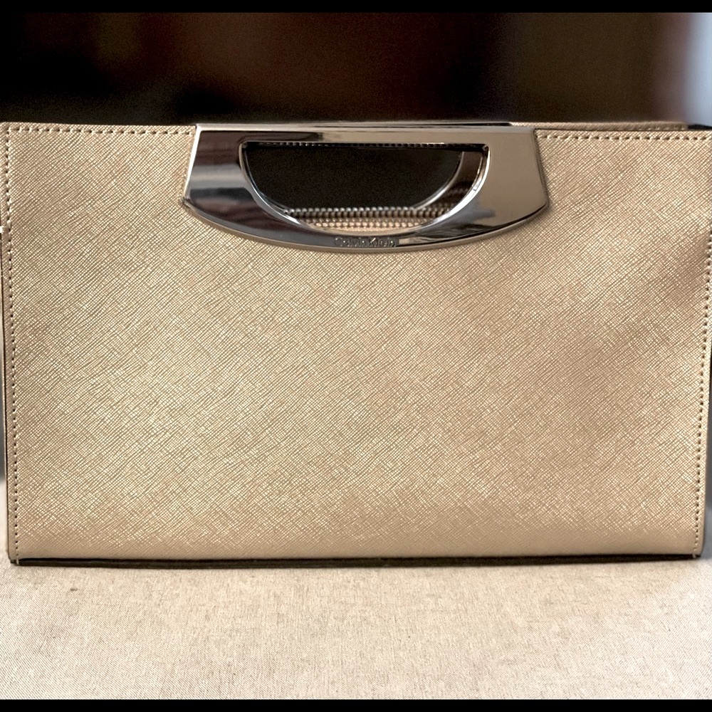 CALVIN KLEIN Leather Metallic Taupe Shoulder Bag Clutch - LIKE NEW